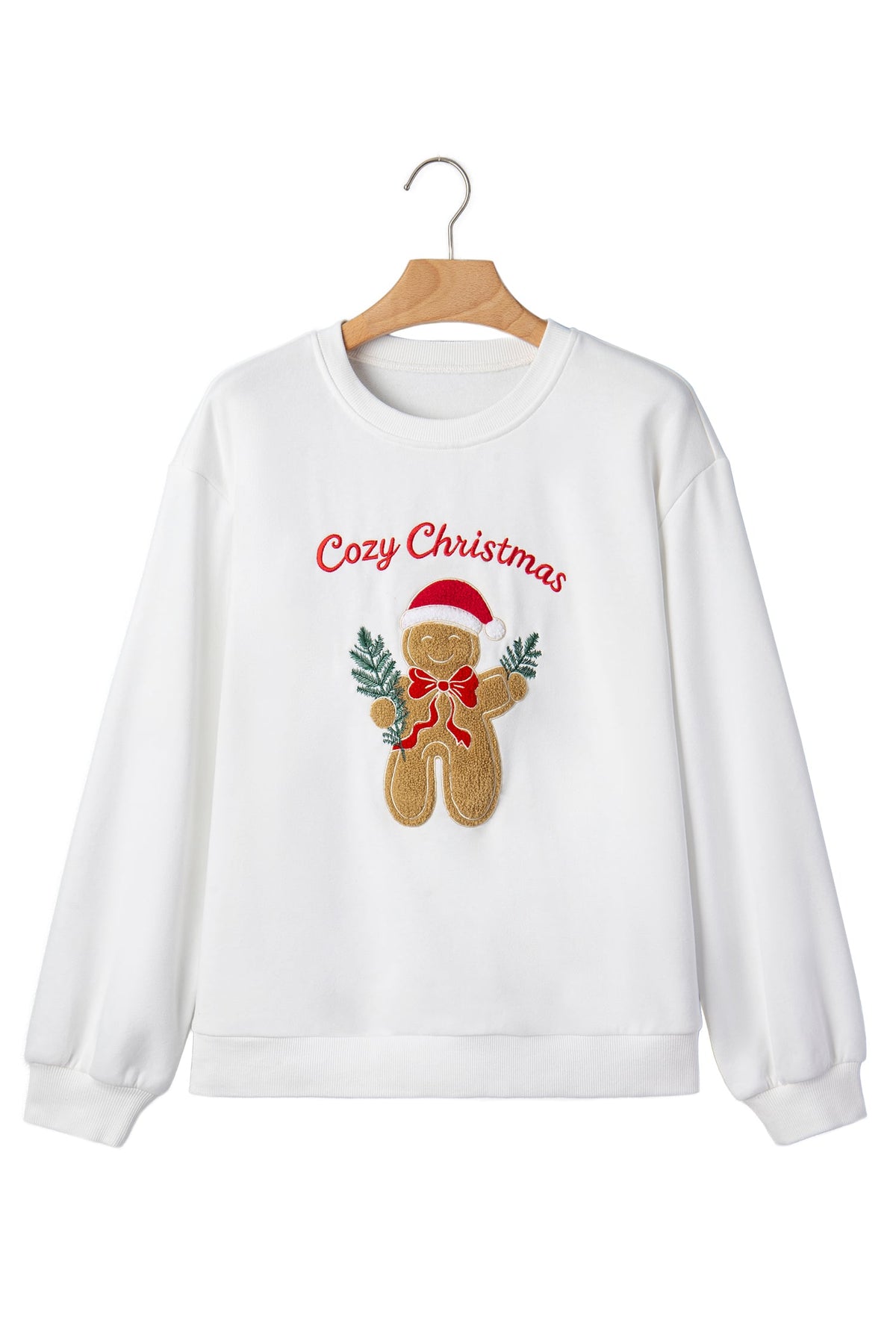 White Embroidered Gingerbread Cozy Christmas Long Sleeve Round Neck Pullover Sweatshirt