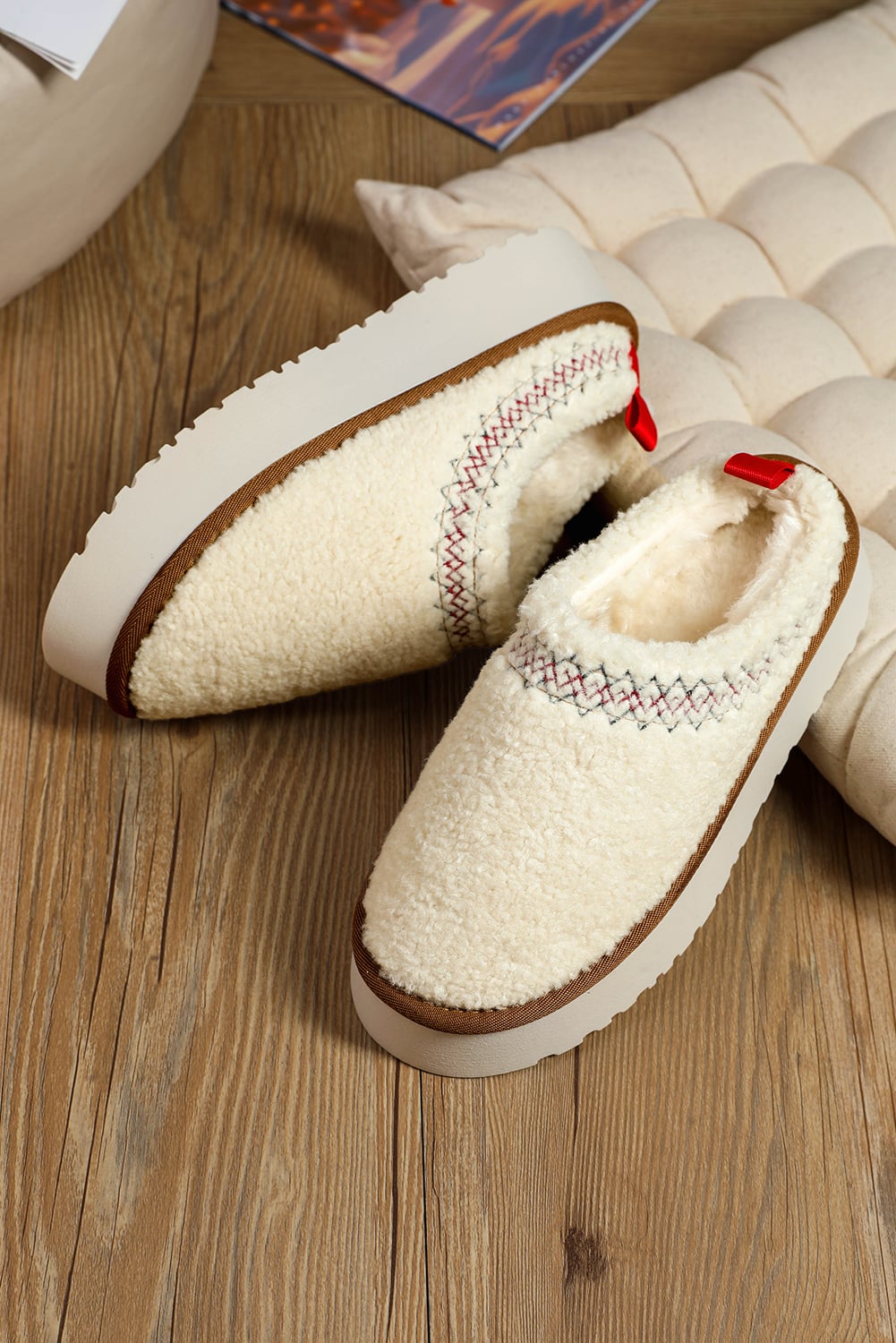 White Soft Plush Embroidered Detail Flat Platform Slippers