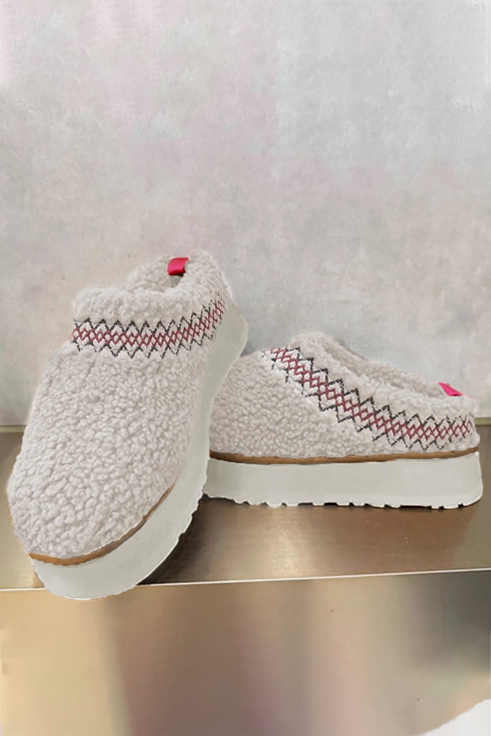 White Soft Plush Embroidered Detail Flat Platform Slippers