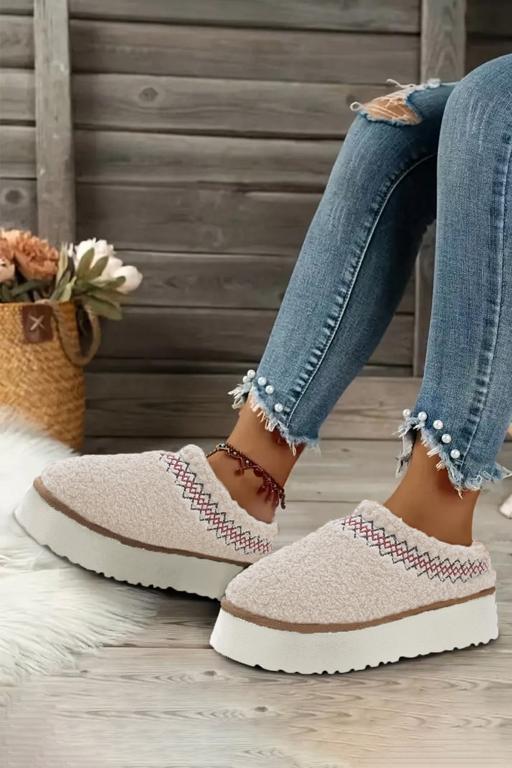 White Soft Plush Embroidered Detail Flat Platform Slippers