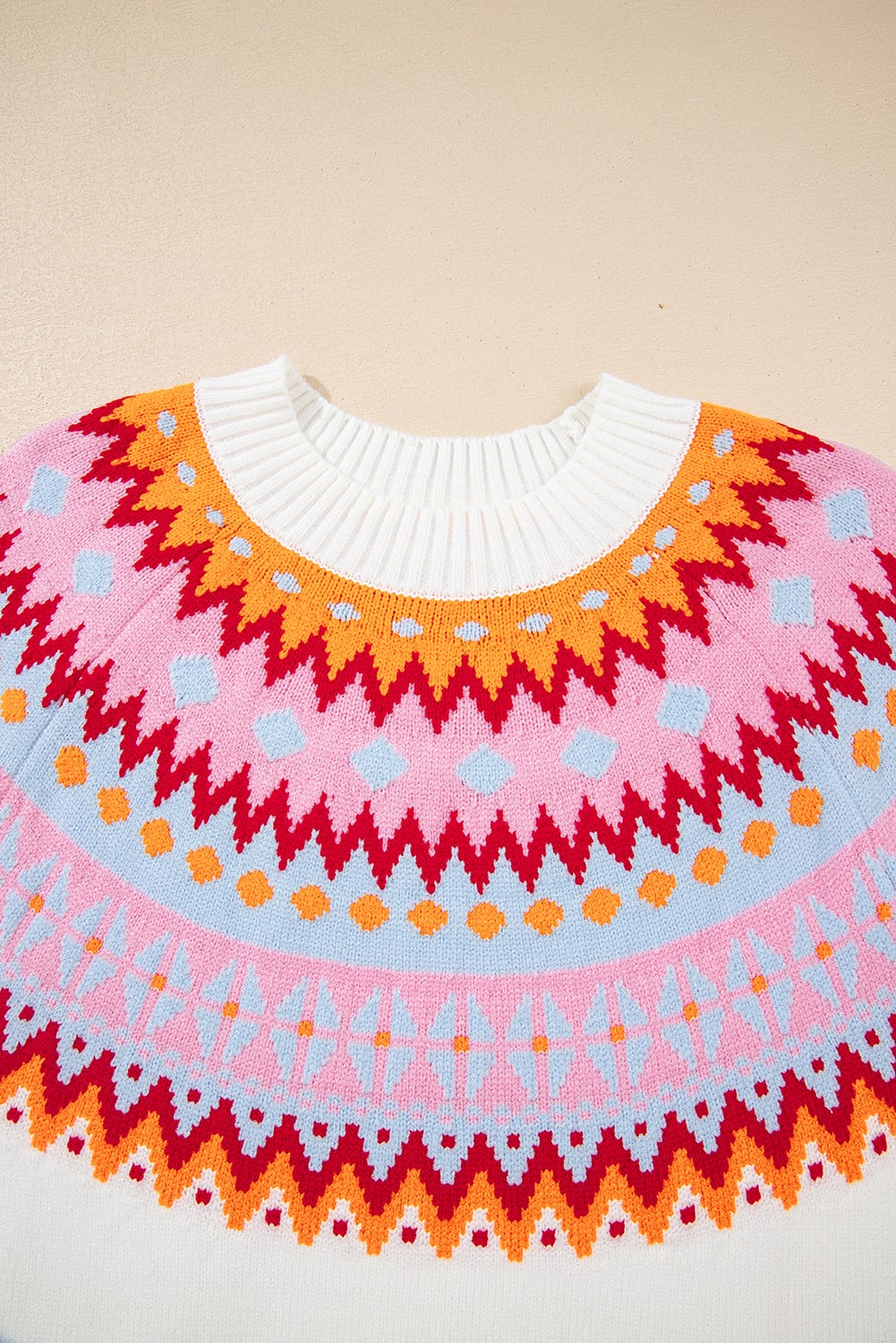 White Ethnic Geometric Colorblock Print Drop Shoulder Sweater
