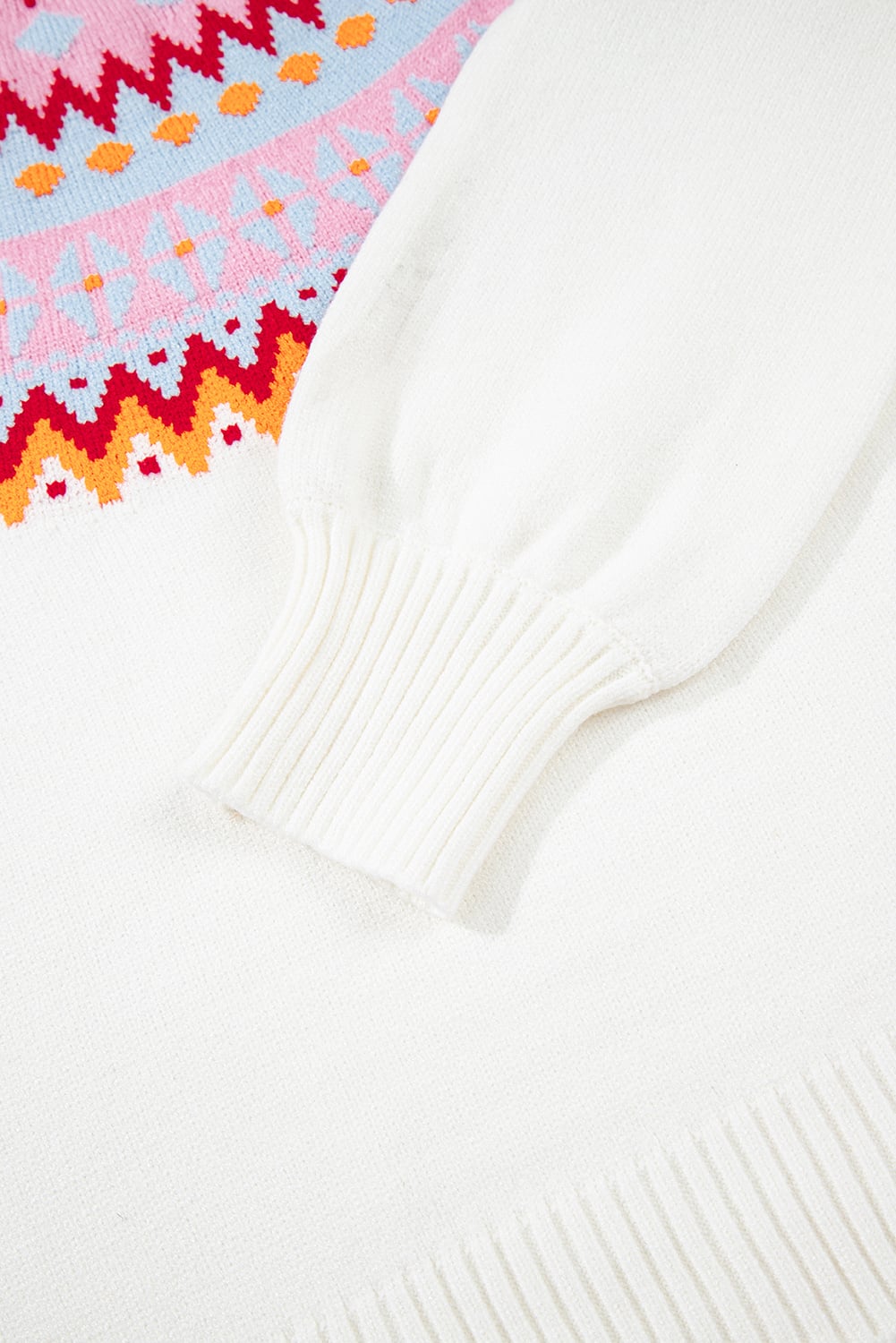 White Ethnic Geometric Colorblock Print Drop Shoulder Sweater