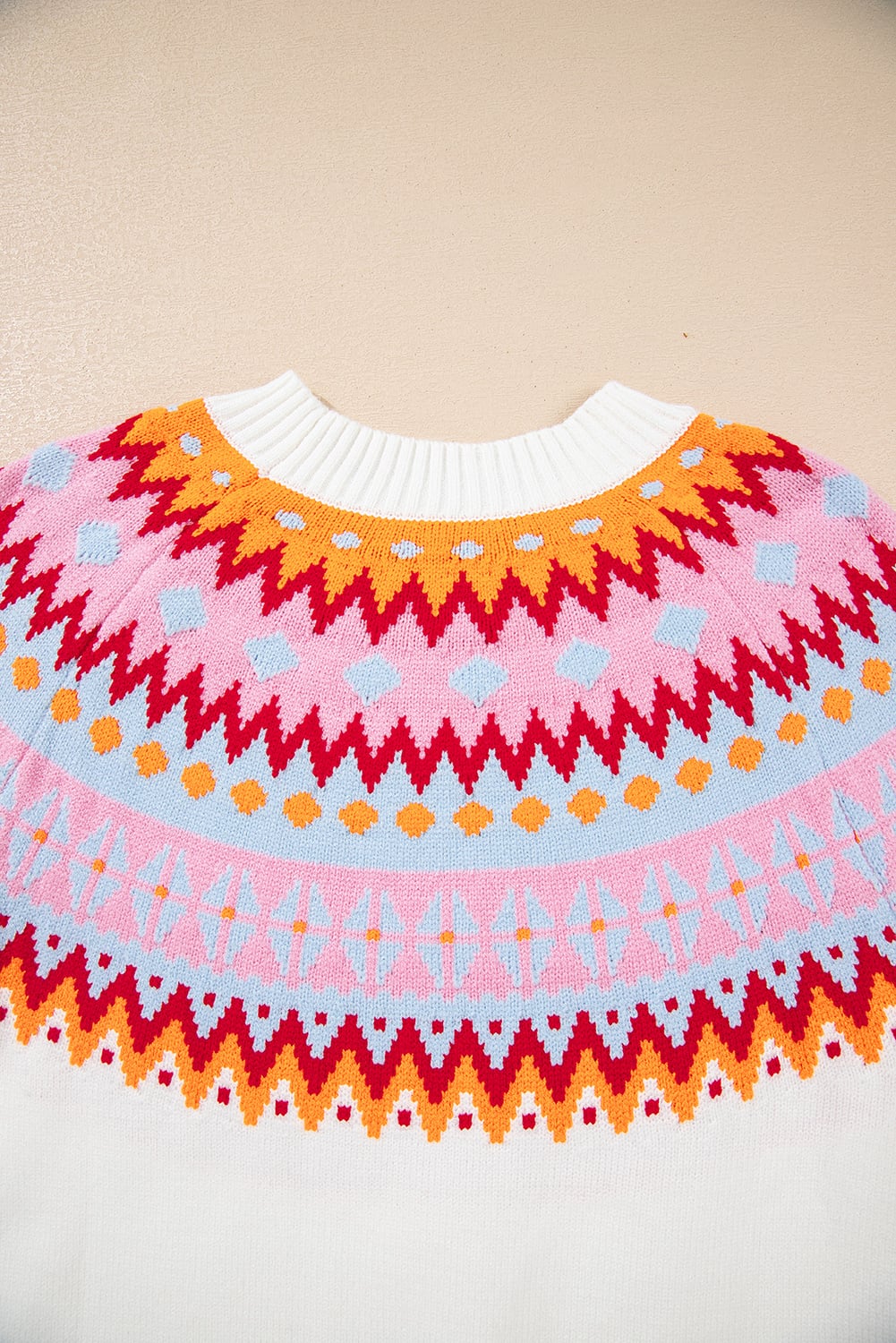 White Ethnic Geometric Colorblock Print Drop Shoulder Sweater