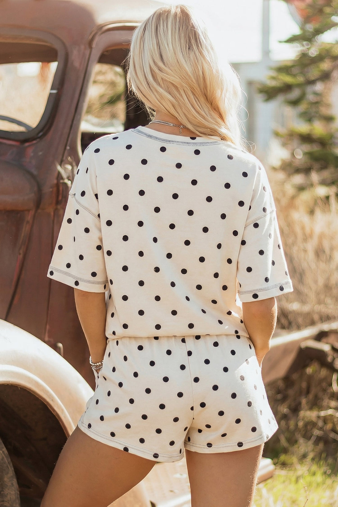 White Polka Dot Short Sleeve Loose Top Drawstring Shorts Set
