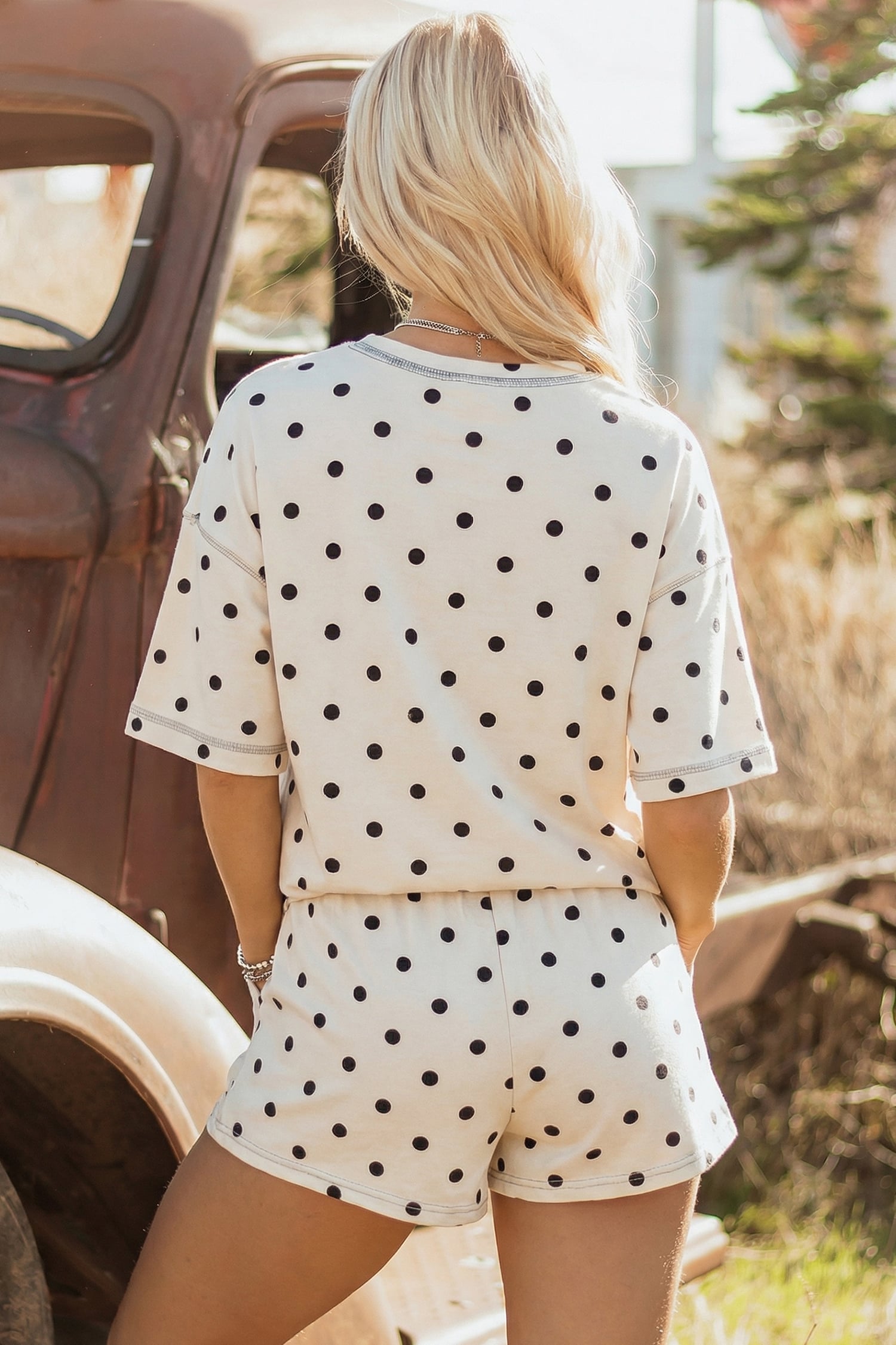 White Polka Dot Short Sleeve Loose Top Drawstring Shorts Set