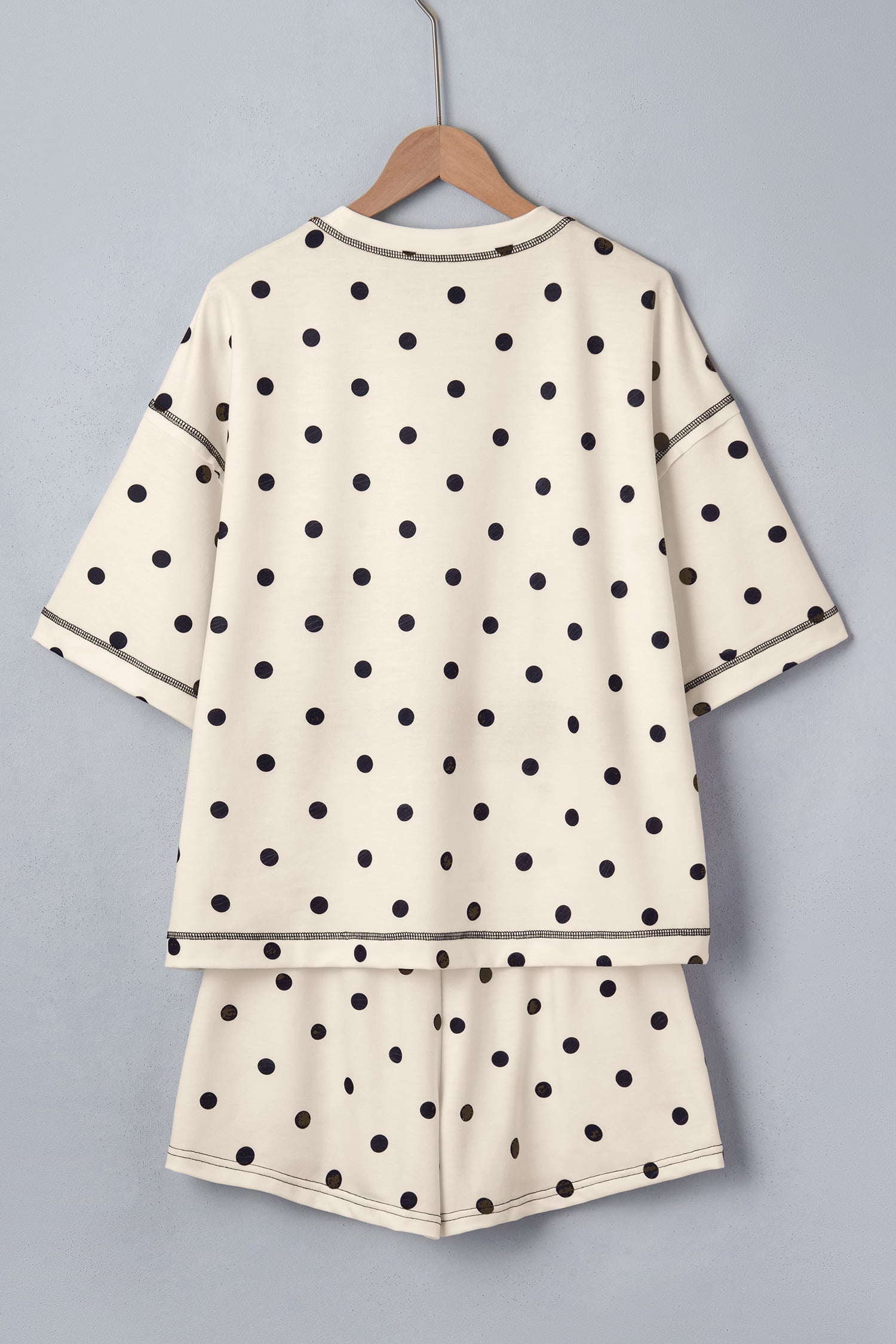 White Polka Dot Short Sleeve Loose Top Drawstring Shorts Set