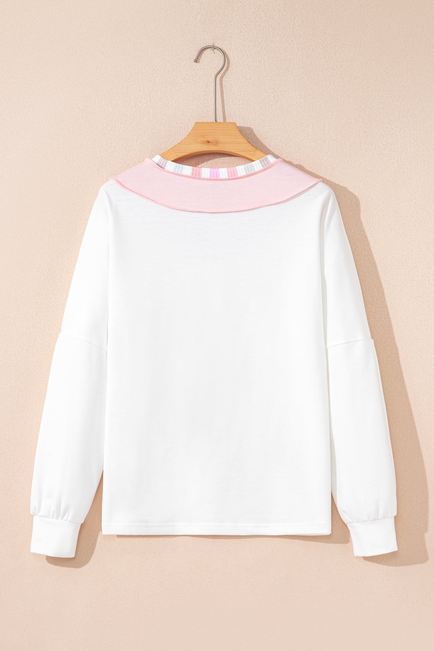 White Exposed Seam Rainbow Stripe Color Block V Neck Loose Long Sleeve Top