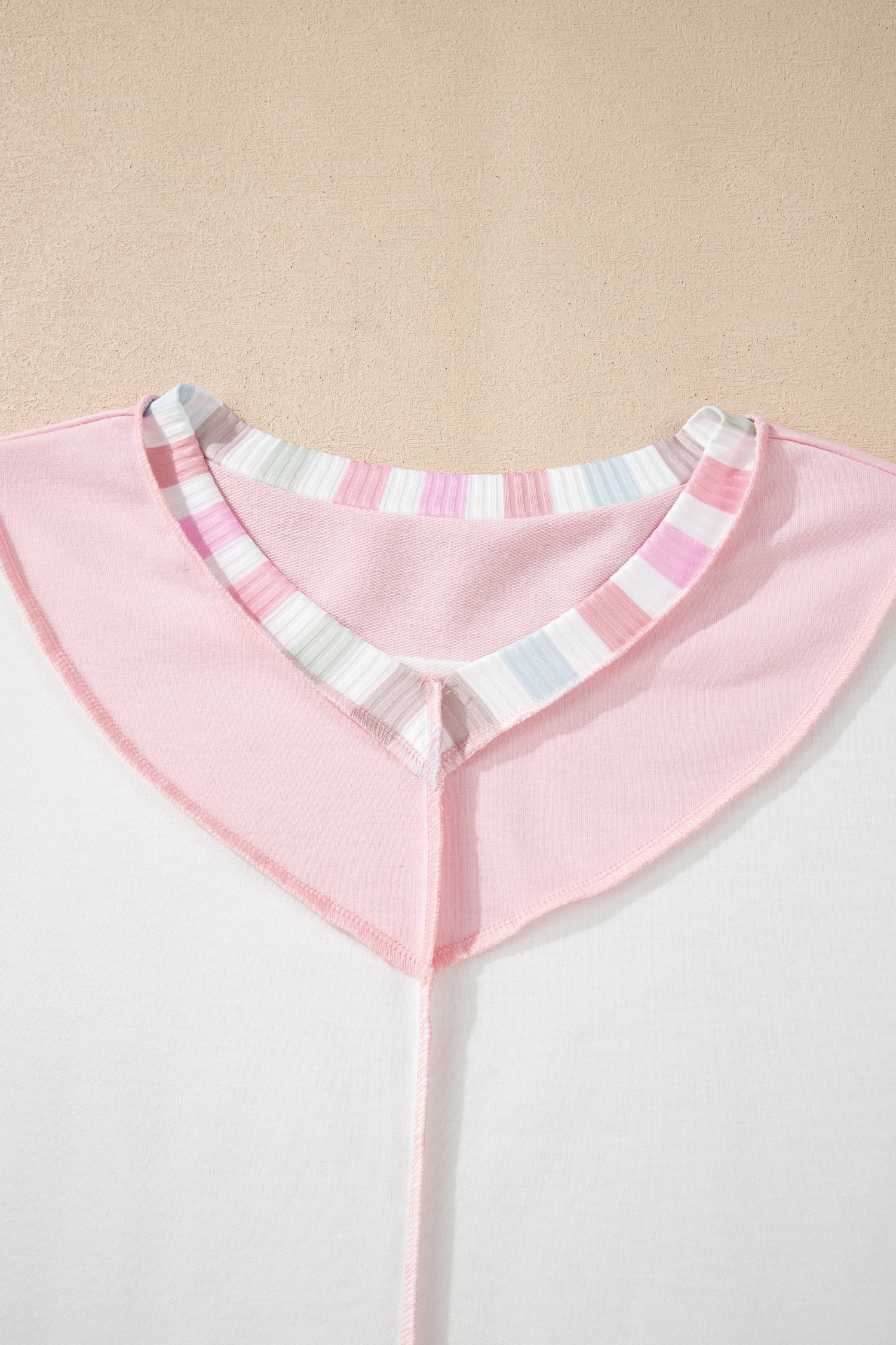 White Exposed Seam Rainbow Stripe Color Block V Neck Loose Long Sleeve Top