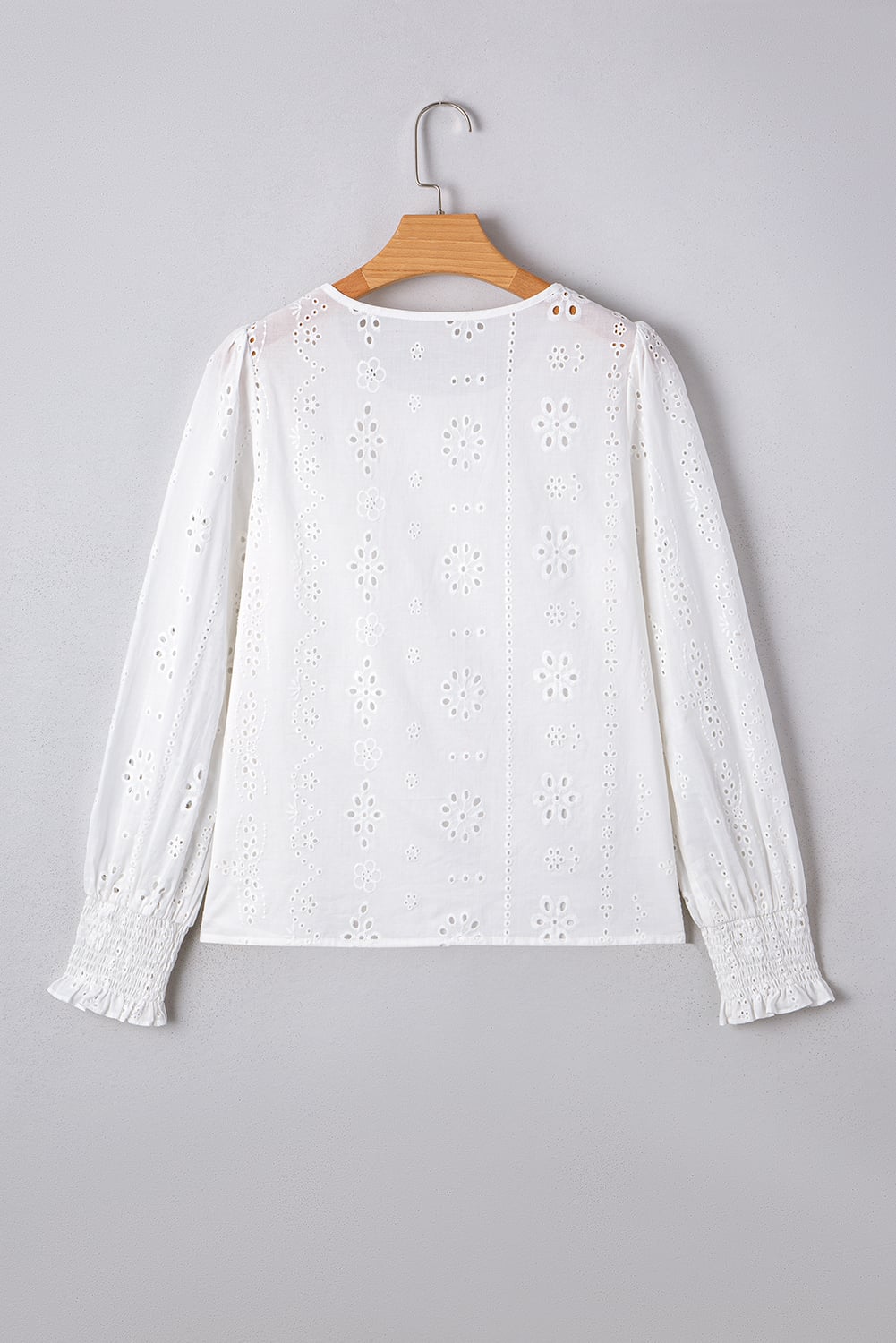 White Eyelet Embroidered Smocked Cuff Sheer Blouse