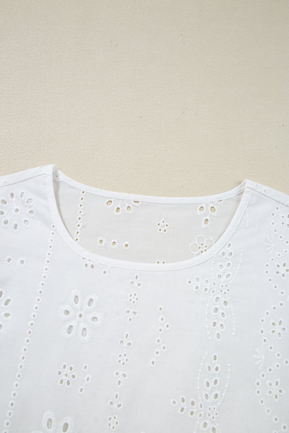 White Eyelet Embroidered Smocked Cuff Sheer Blouse