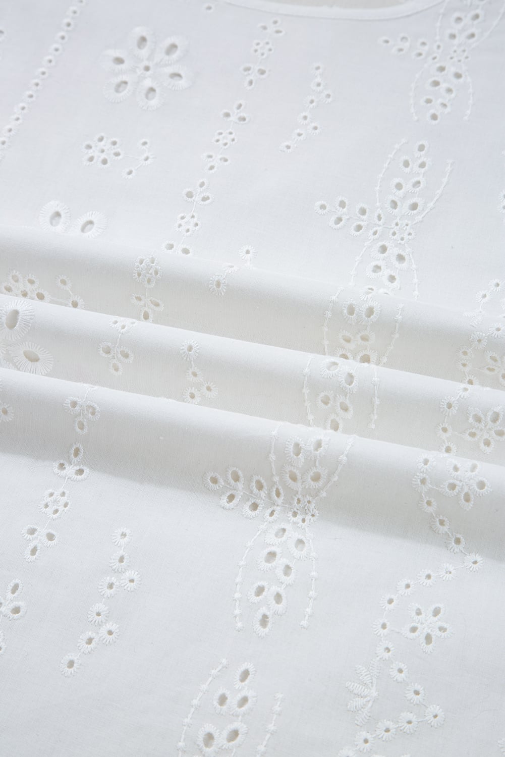 White Eyelet Embroidered Smocked Cuff Sheer Blouse