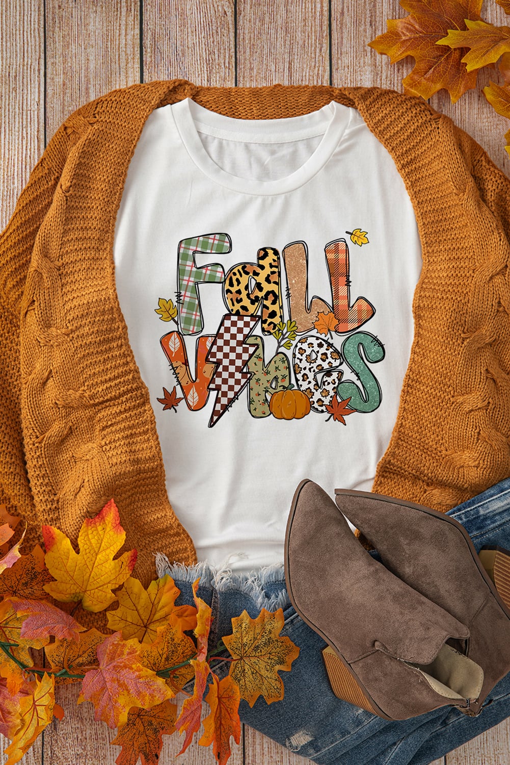 White FALL VIBES Cotton Blend Casual T Shirt