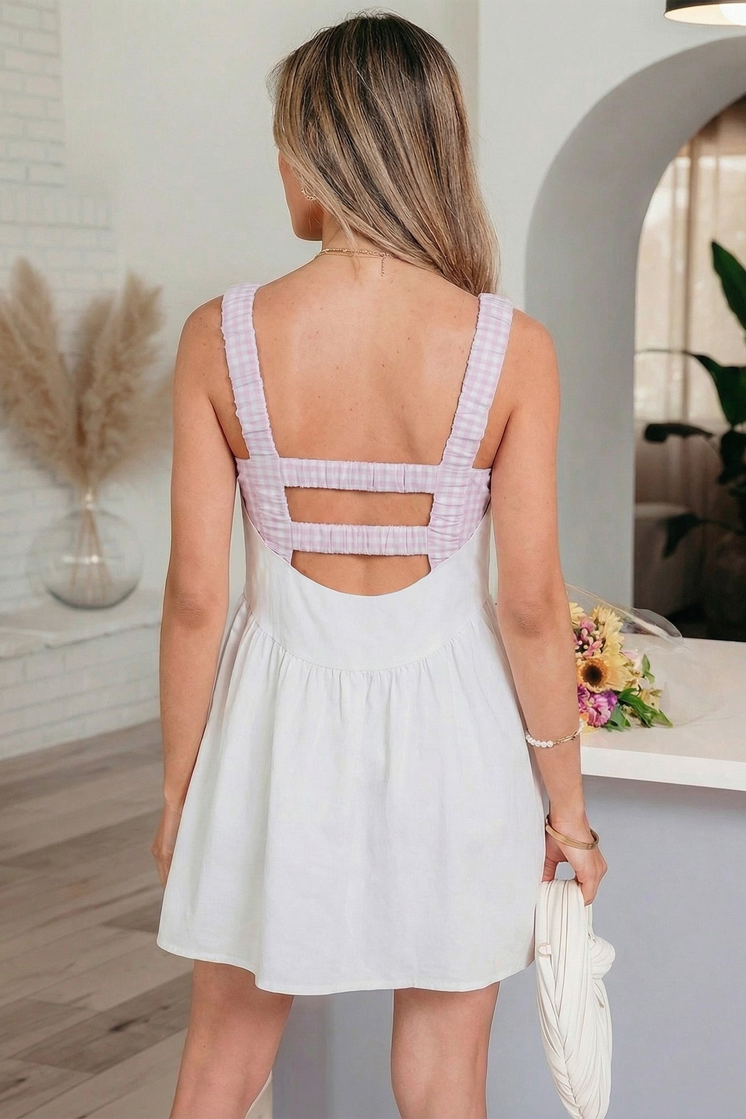 White Faux Two Piece Gingham Contrast Patchwork Loose Mini Dress