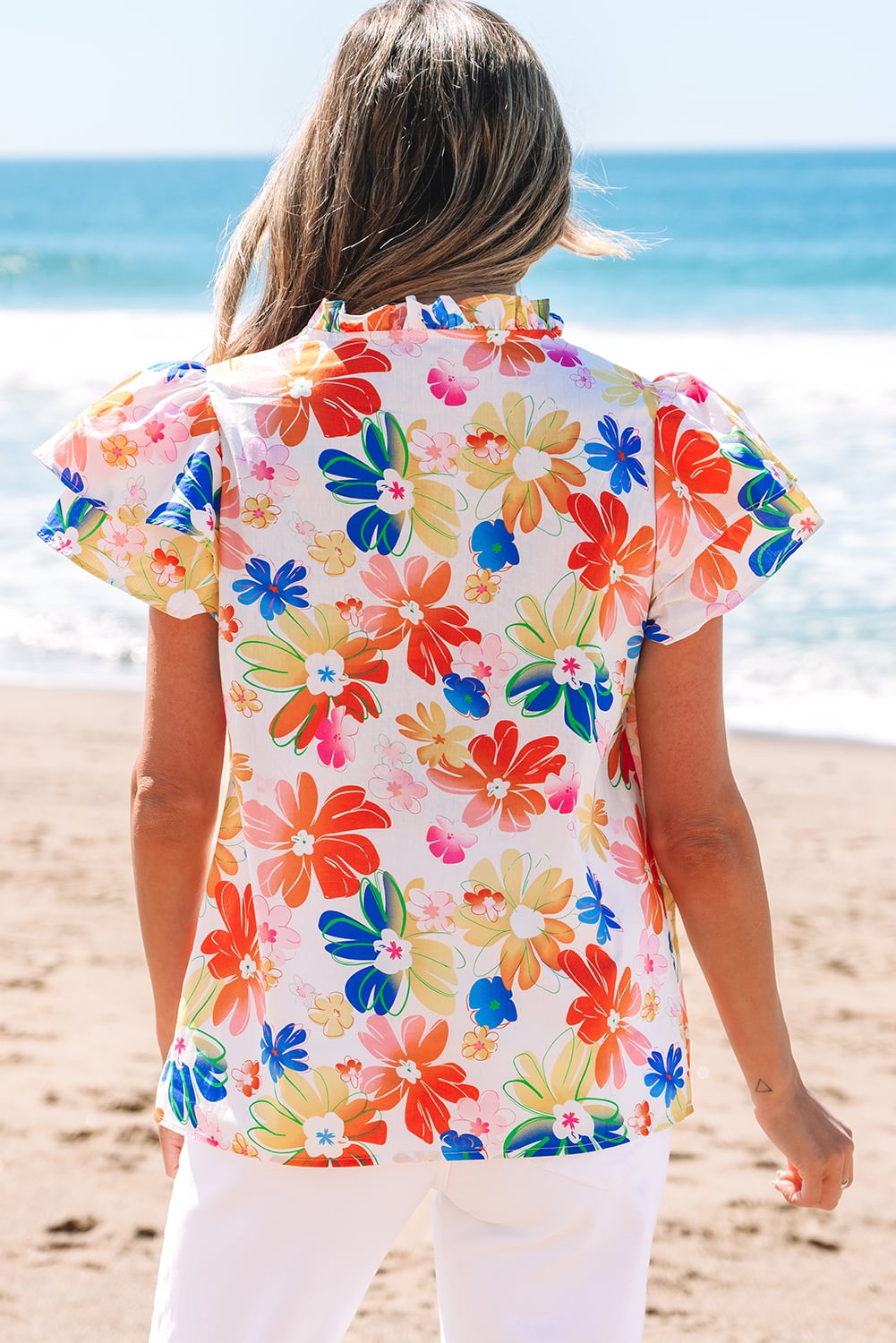 White Floral Bouquet Flutter Top