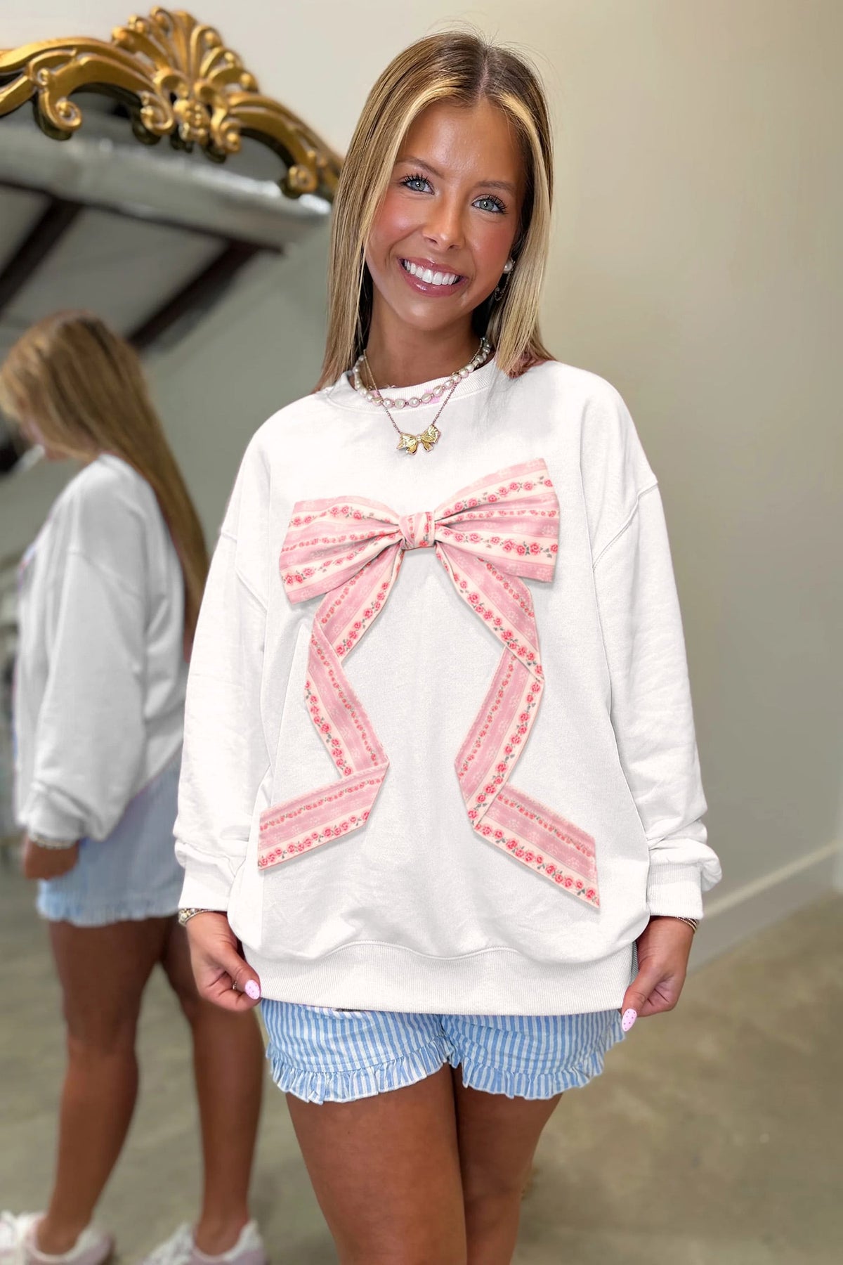 White Floral Bow Decoration Drop Shoulder Long Sleeve Top