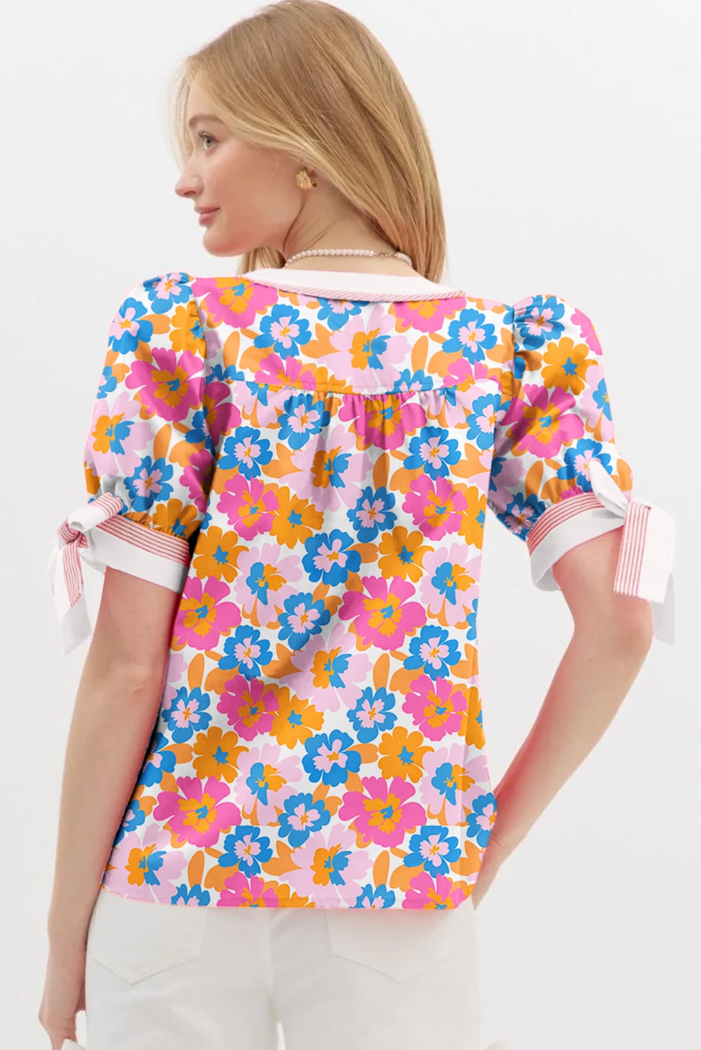 White Floral Colorblock Striped Edge V Neck Knotted Short Sleeve Blouse