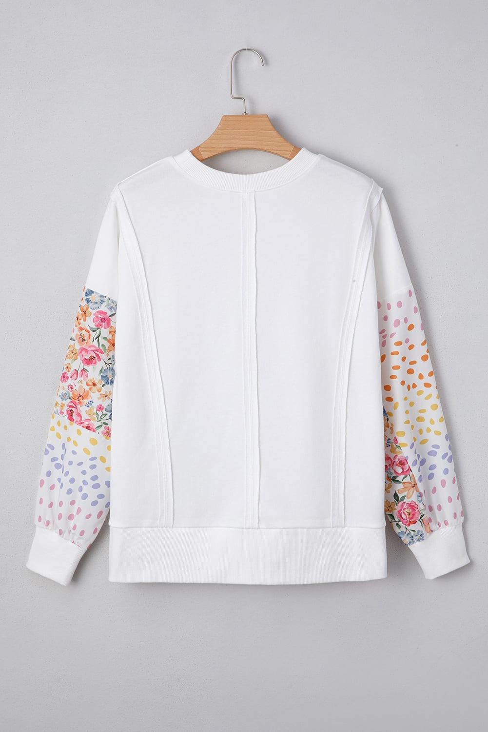 White Floral Dotted Mixed Print Patchwork Sleeve High Low Casual Sweatshirt