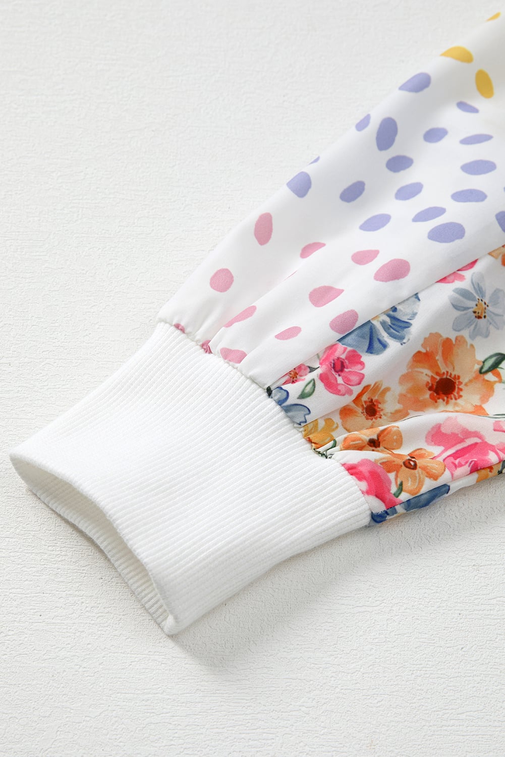 White Floral Dotted Mixed Print Patchwork Sleeve High Low Casual Sweatshirt