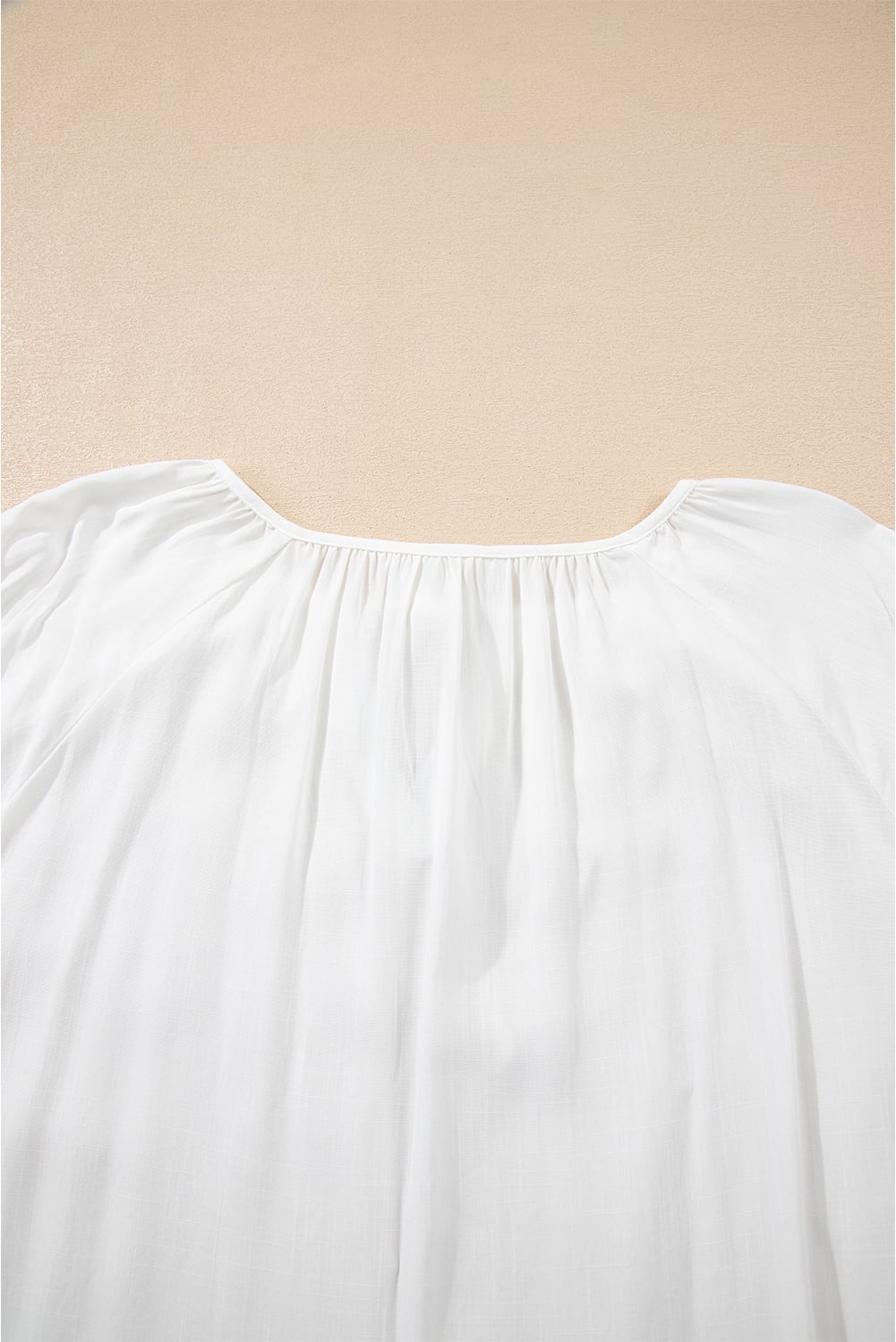 White Floral Embroidered Drawstring V Neck Blouse