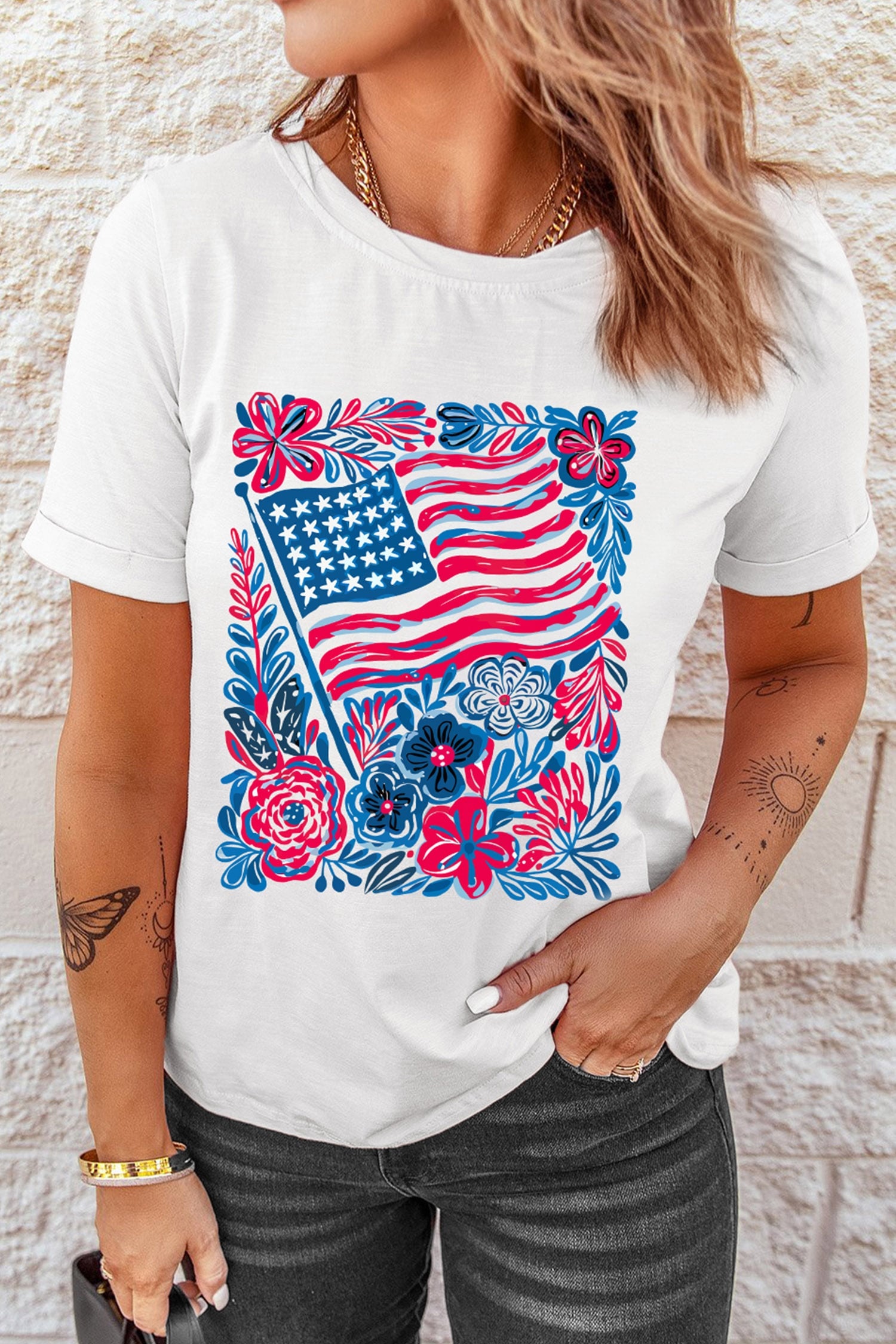 White Floral Flag Aesthetics Patriotic Graphic T Shirt