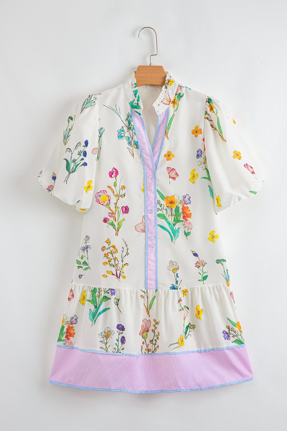 White Floral Print Contrast Striped Patchwork Short Puff Sleeve Dress