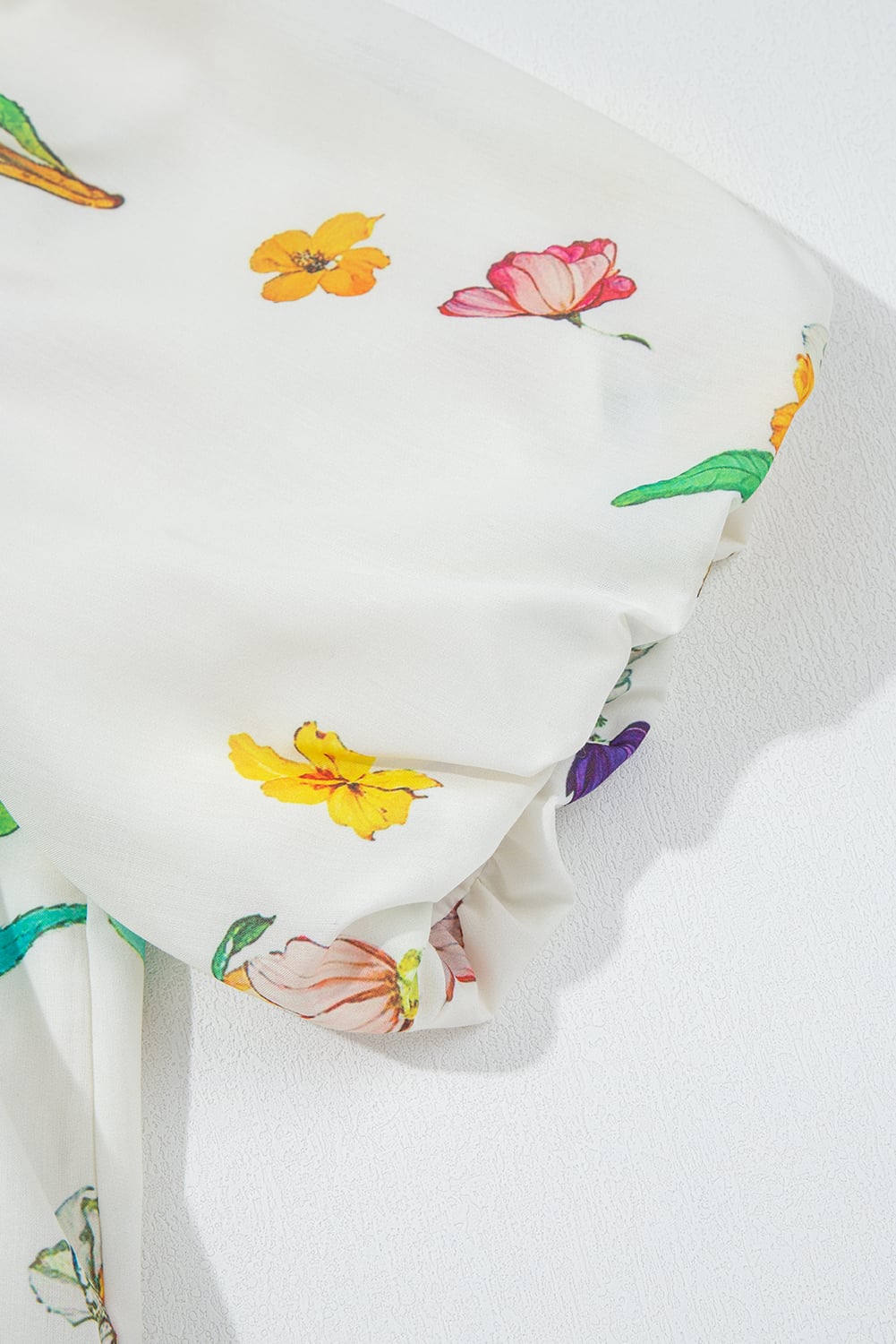 White Floral Print Contrast Striped Patchwork Short Puff Sleeve Dress