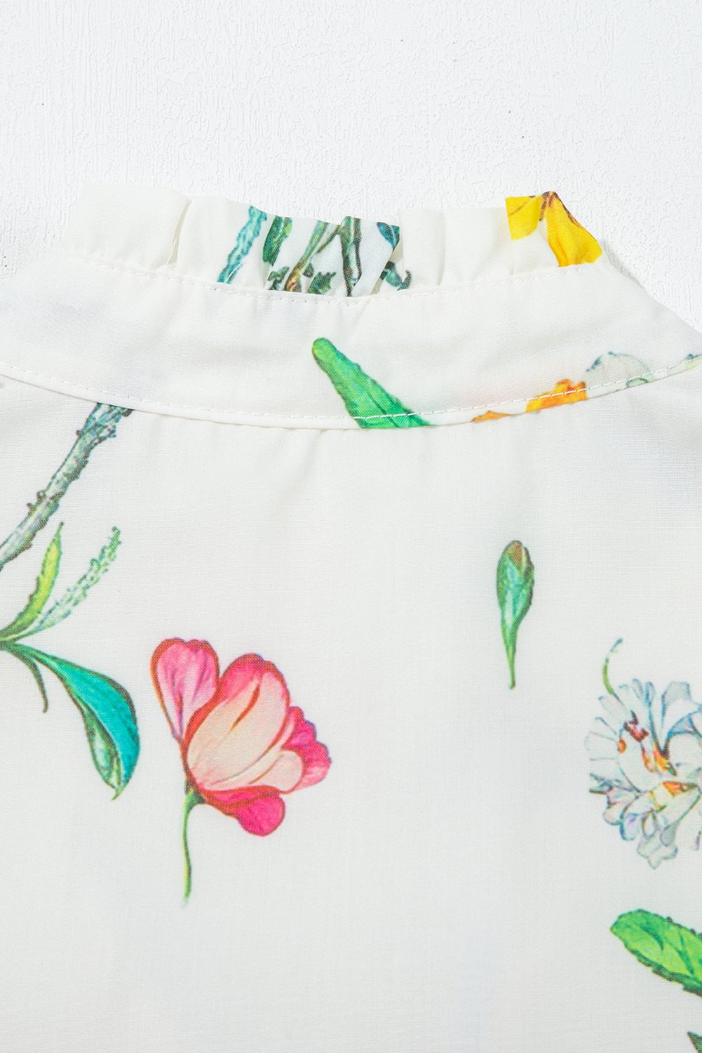 White Floral Print Contrast Striped Patchwork Short Puff Sleeve Dress