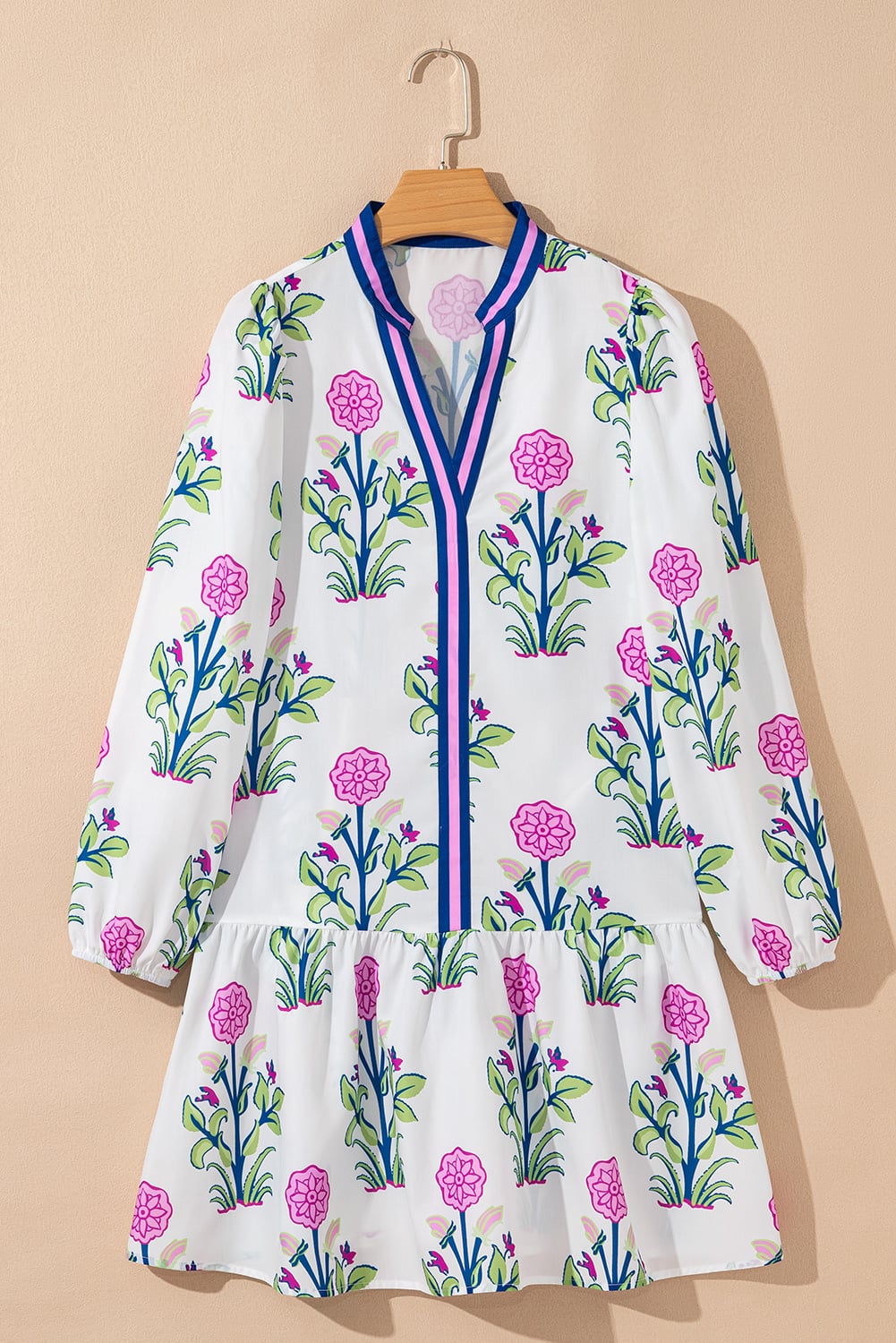 White Floral Print Contrast Striped Trim Notched Neck Long Sleeve Dress