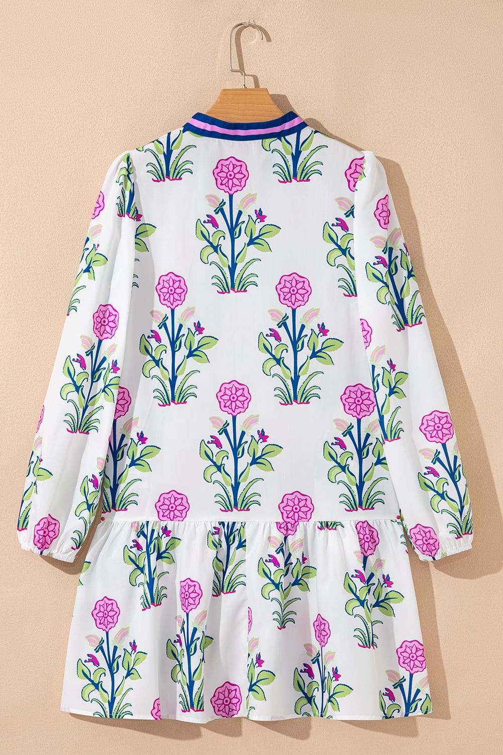 White Floral Print Contrast Striped Trim Notched Neck Long Sleeve Dress