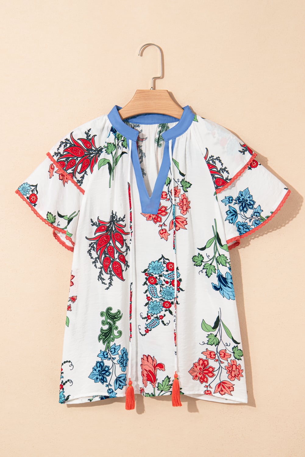 White Floral Print Contrast V Neck Tassel Tie Lace Detail Short Sleeve Blouse