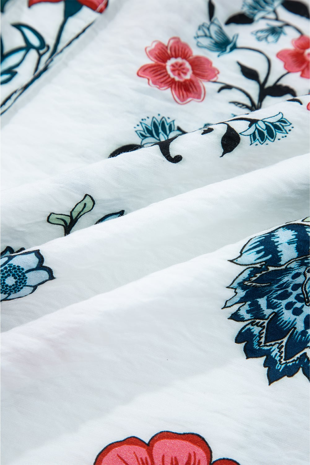 White Floral Print Frilled Collar V Neck Button Down Long Sleeve Shirt