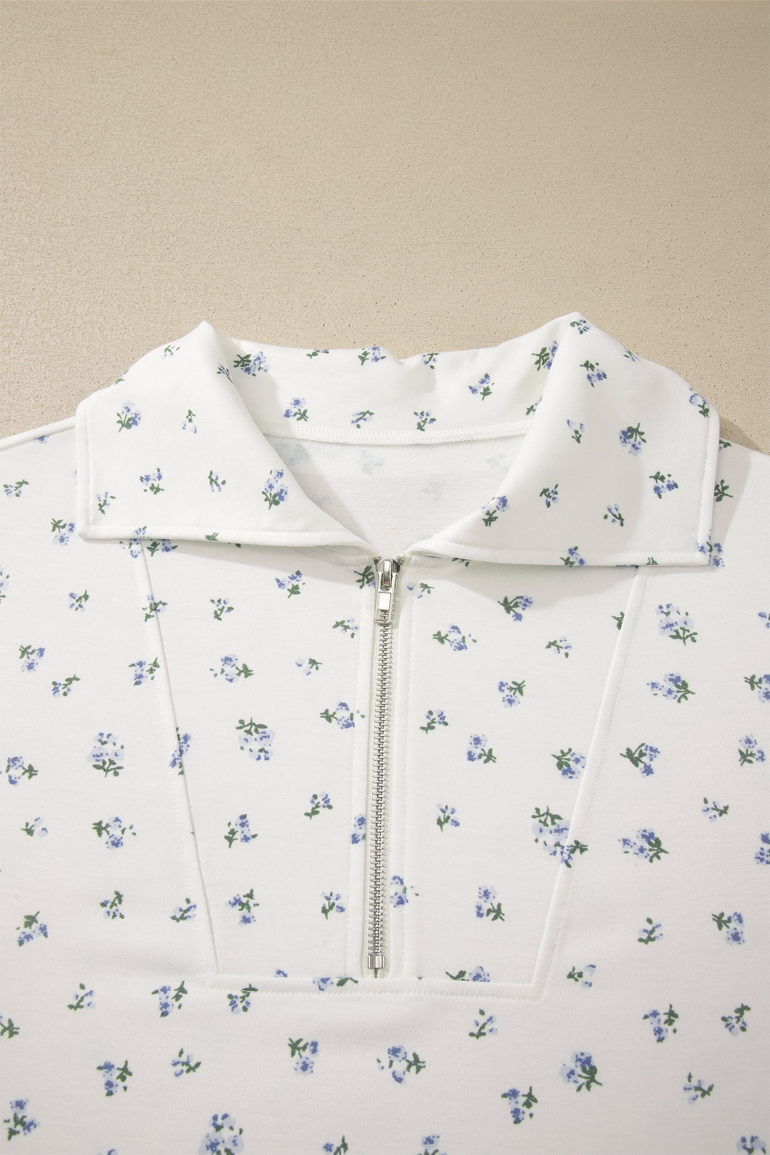 White Floral Print Half Zip Top Matching Short Set