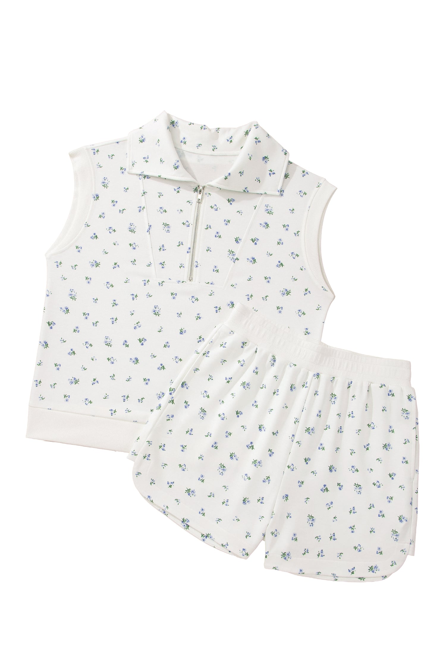White Floral Print Half Zip Top Matching Short Set