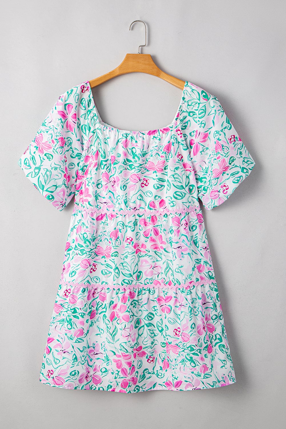 White Floral Print Ric-rac Trim Square Neck Plus Size Mini Dress