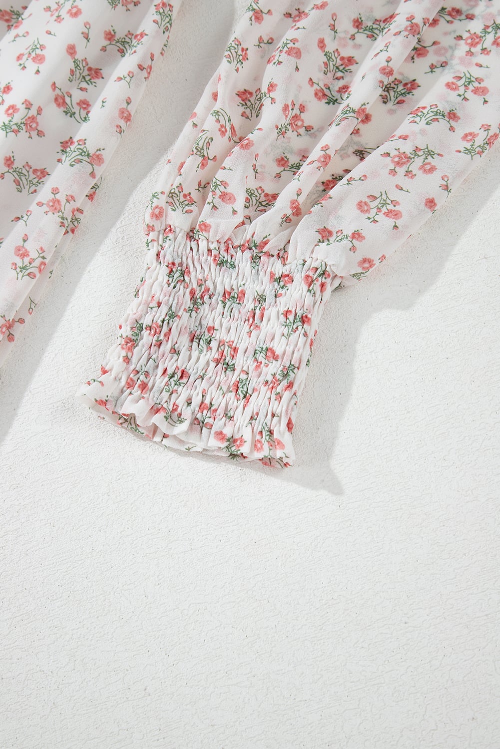 White Floral Print Shirred Ruffled Hem Square Neck Midi Dress