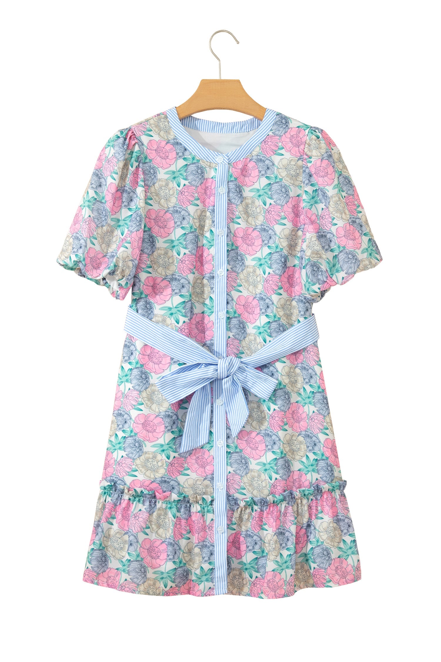 White Floral Print Striped Contrast Trim Belted Short Dress