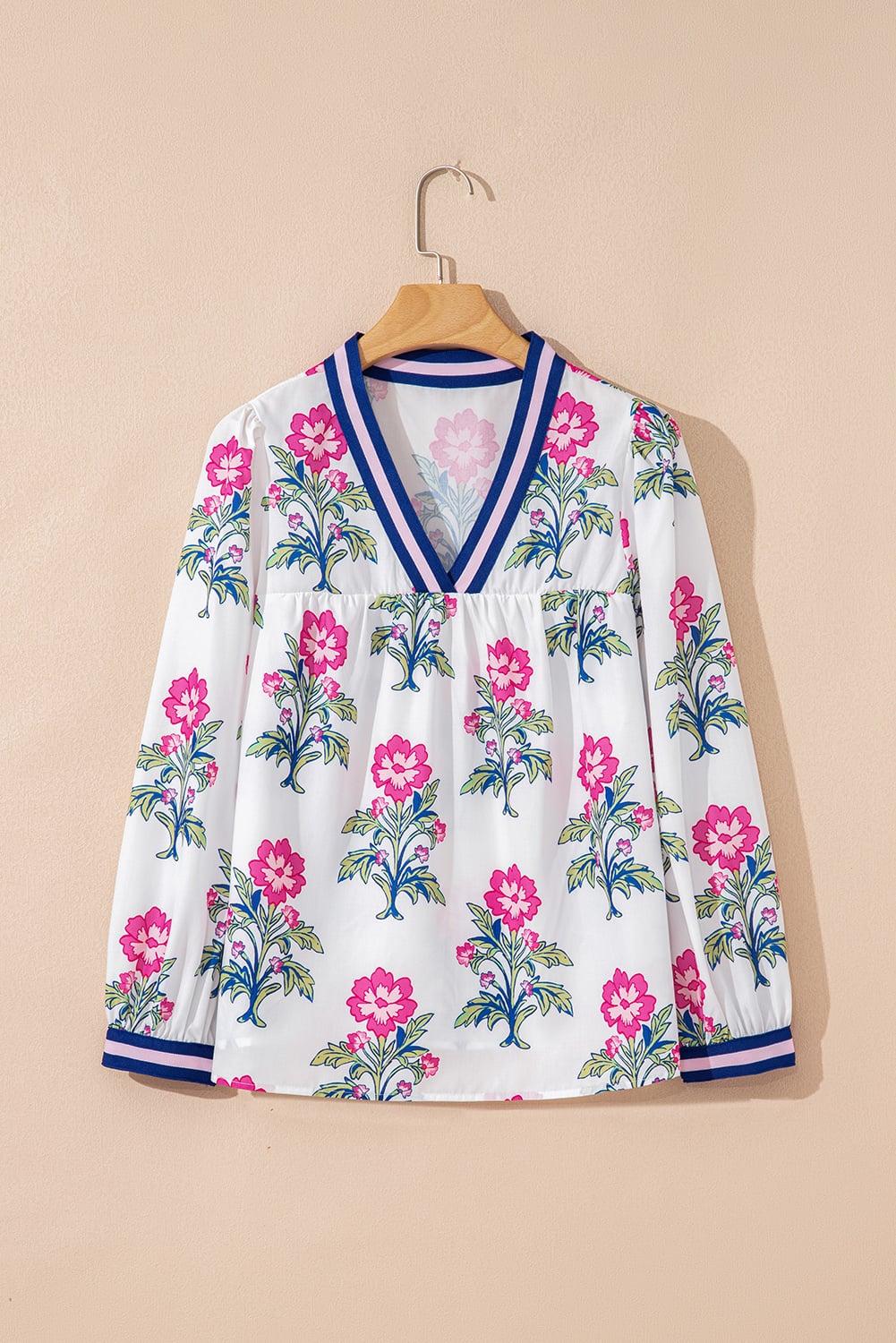 White Floral Print Striped V Neck Blouse