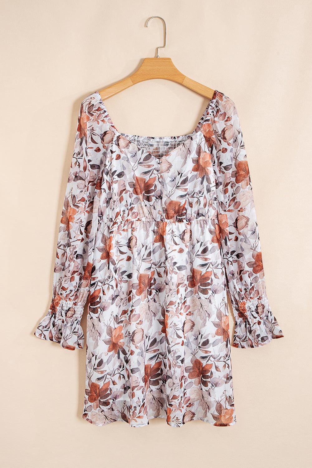 White Floral Print Sweetheart Neck Long Sleeve High Waist Mini Dress