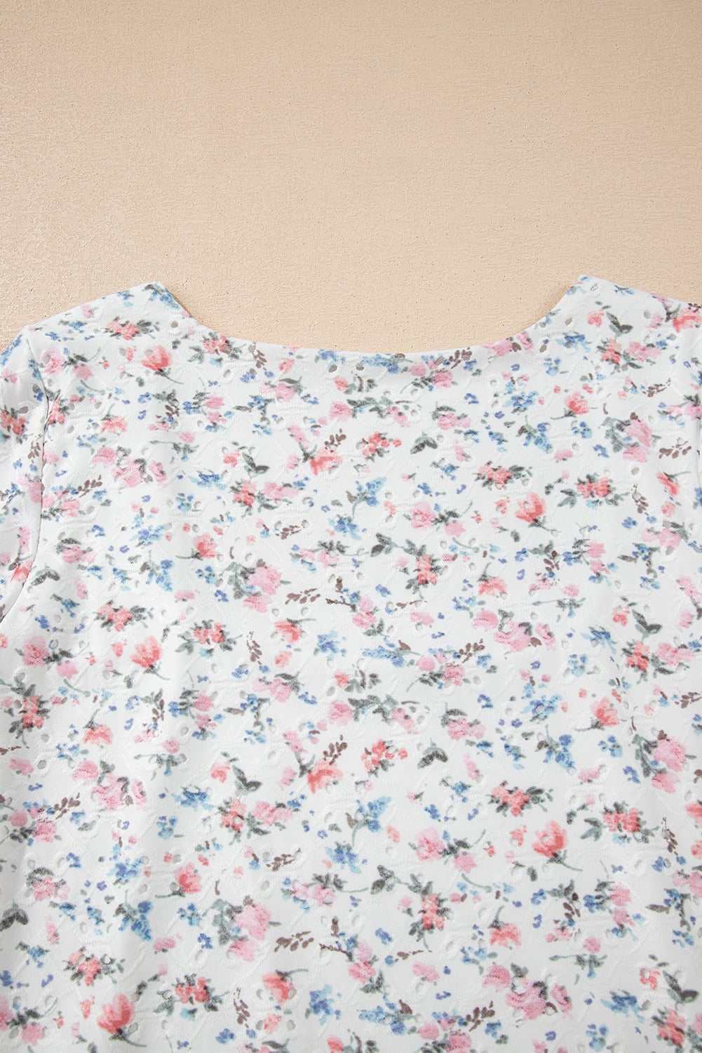 White Floral Print Textured Square Neck Slim Fit Long Sleeve Top