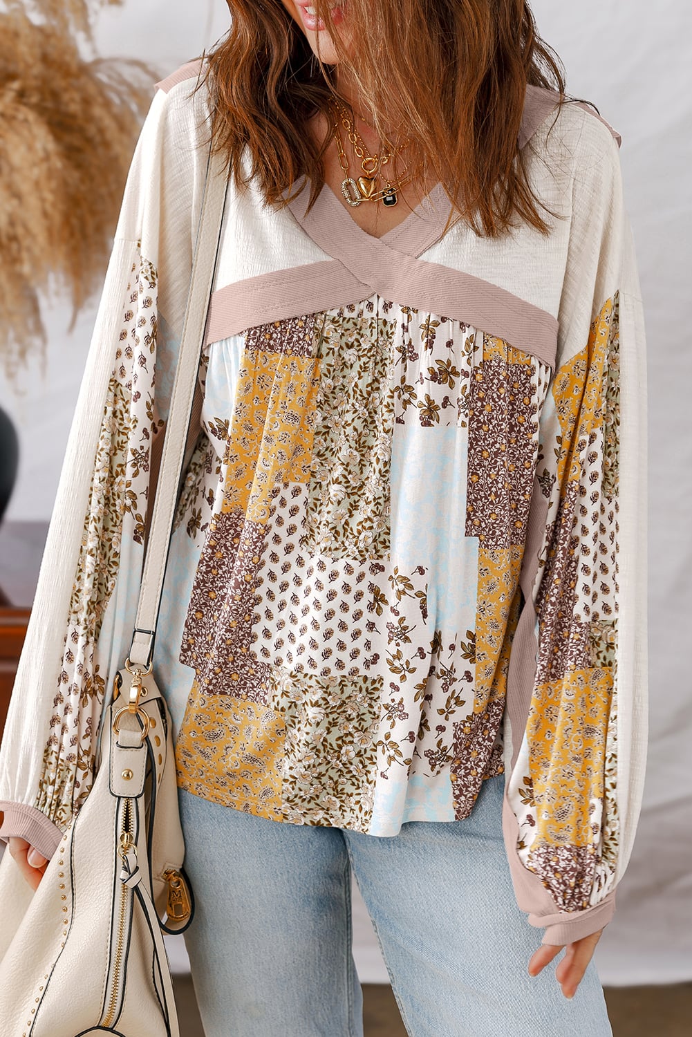 White Floral Printed Contrast Patchwork Long Sleeve Top