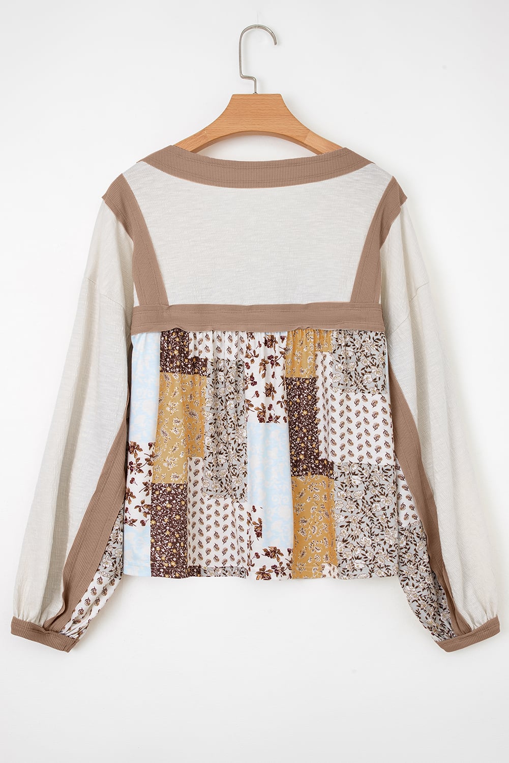 White Floral Printed Contrast Patchwork Long Sleeve Top