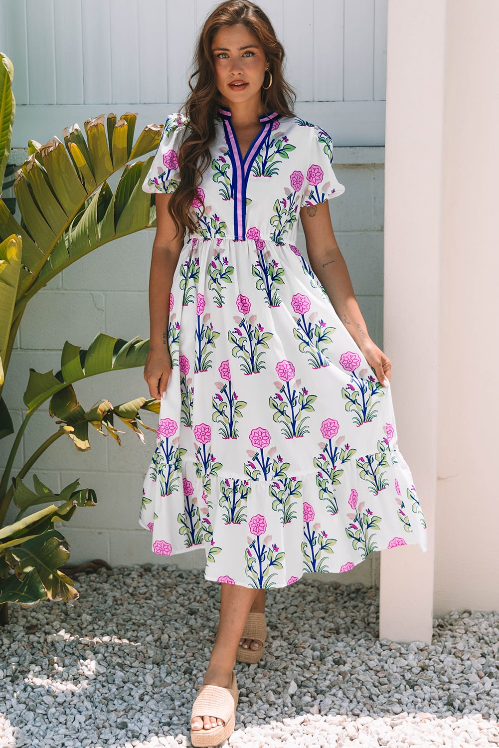 White Floral Puff Short Sleeve V Neck High Waist Maxi Dress