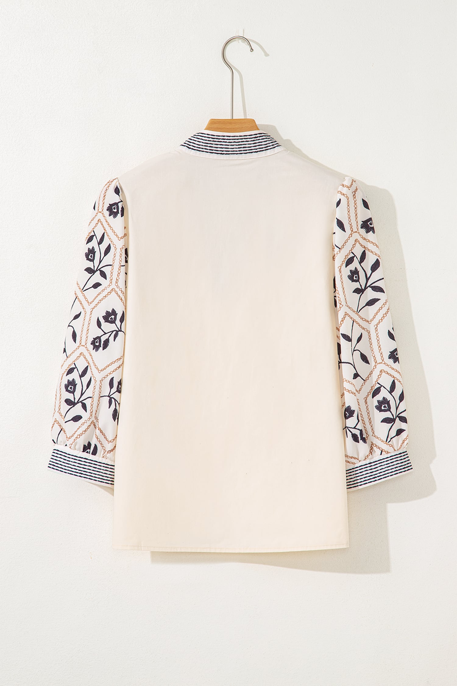 White Floral Puff Sleeve Contrast V Neck Patchwork Blouse