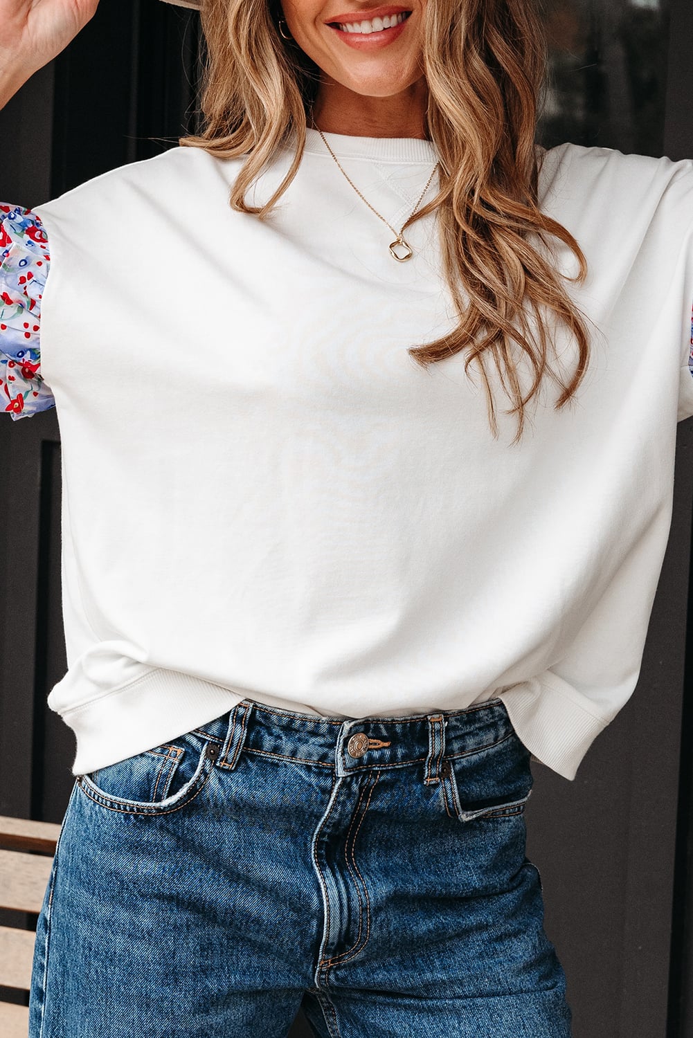 White Floral Ruffled Balloon Sleeve Patchwork Loose Blouse