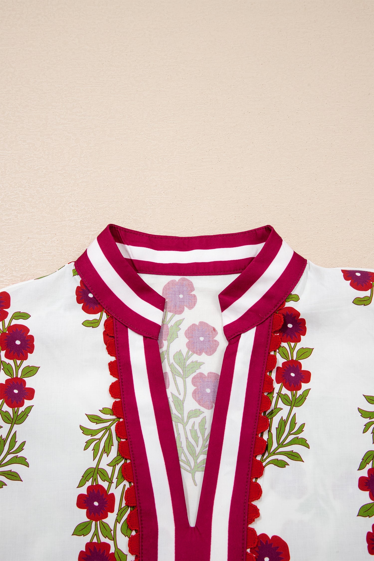 White Floral Short Bubble Sleeve Contrast Slit Neckline Blouse