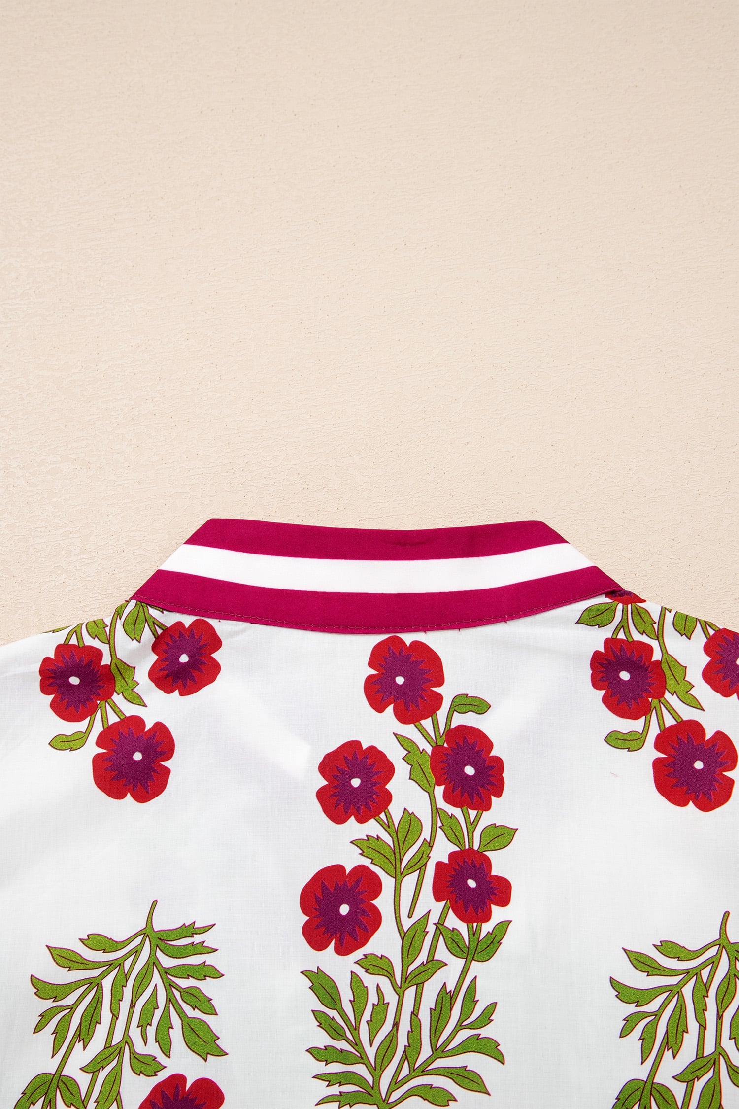 White Floral Short Bubble Sleeve Contrast Slit Neckline Blouse