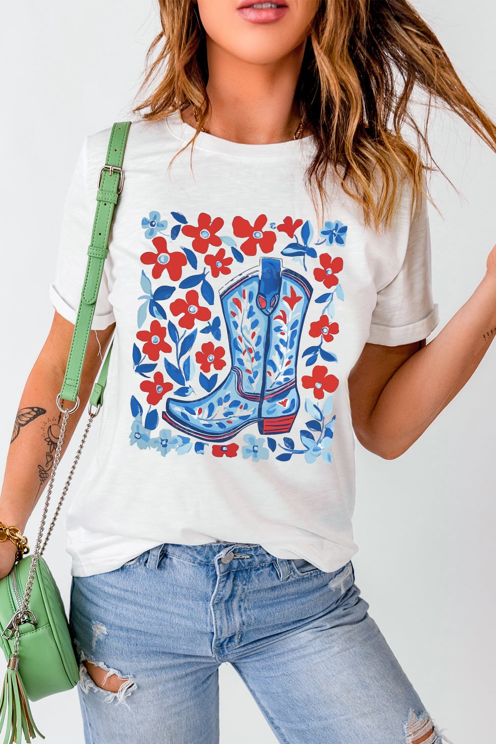 White Floral Western Boots Printed Cotton Blend T Shirt