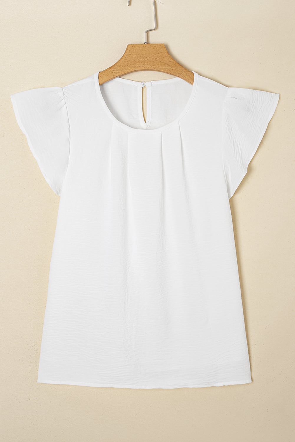 White Flounce Sleeve Pleated Textured Blouse