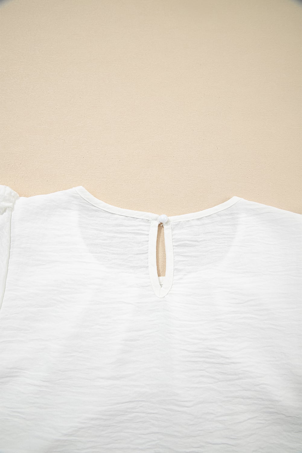 White Flounce Sleeve Pleated Textured Blouse