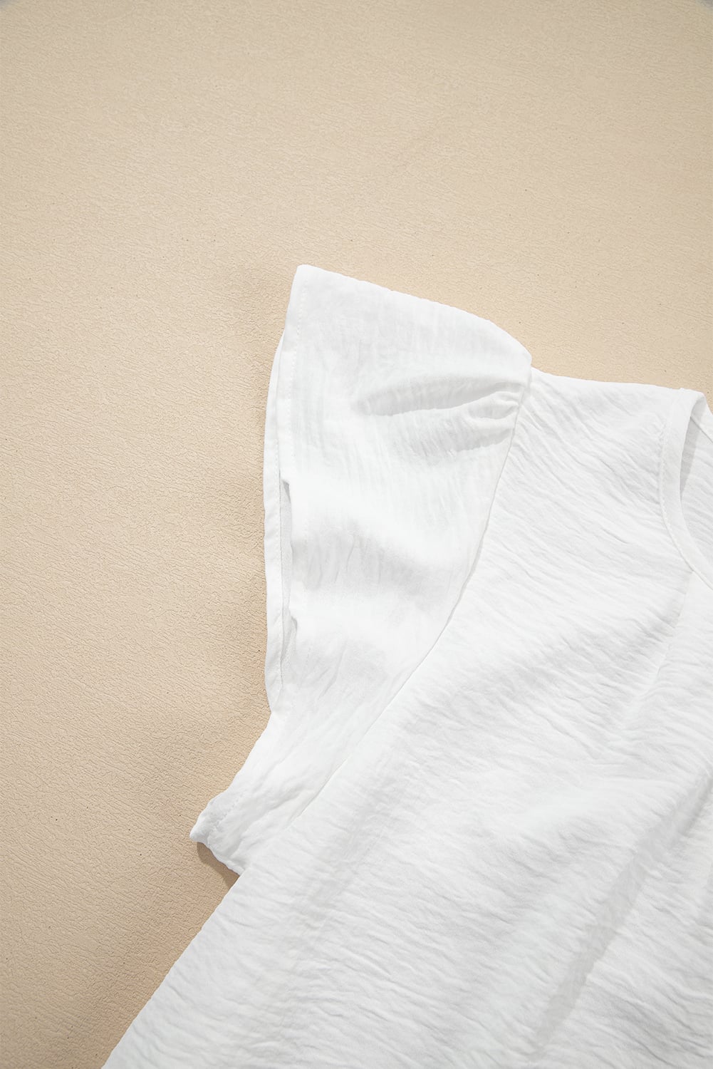 White Flounce Sleeve Pleated Textured Blouse
